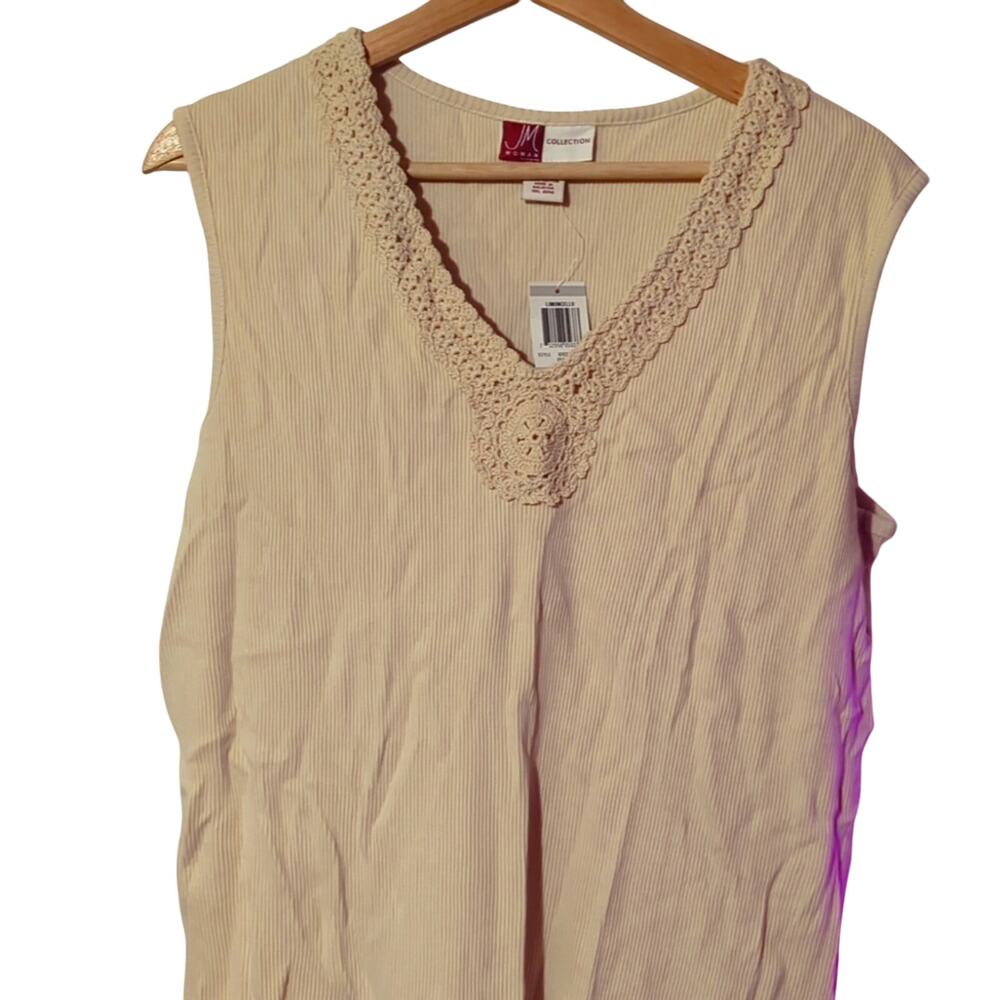 NWT JM Collection 1X Beige/Cream/Tan 100% Cotton Crocheted V-Neck Top [0003]